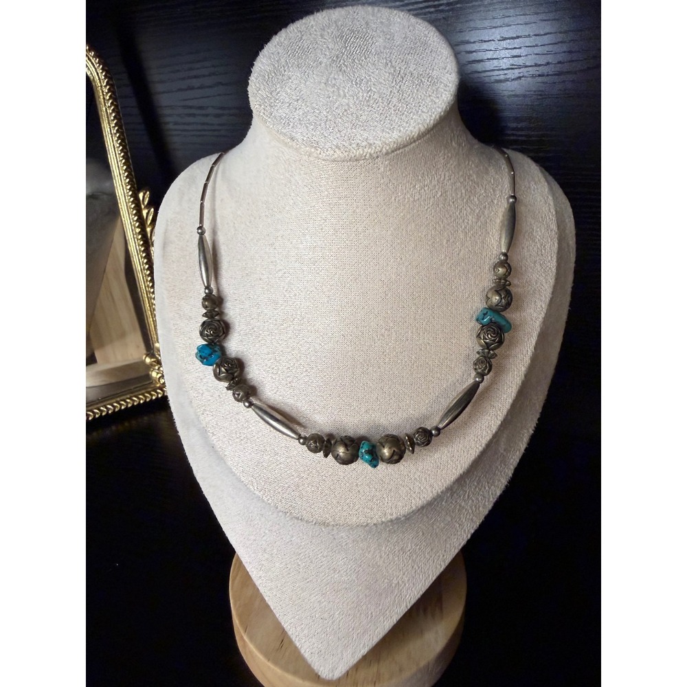 Vintage Southwestern Turquoise Liquid Silver Rose Bead Necklace 19 Inch Boho